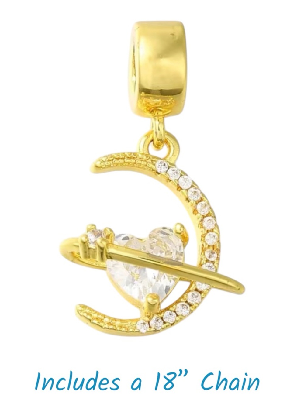 Gold Heart Moon Planet Orbit Pendant Necklace CZ Gem Stainless Steel 18”